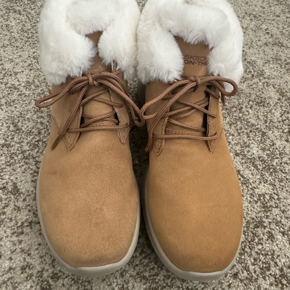 Skechers On The Go Joy Lush Suede Faux Fur Ankle Bootie Chestnut 8